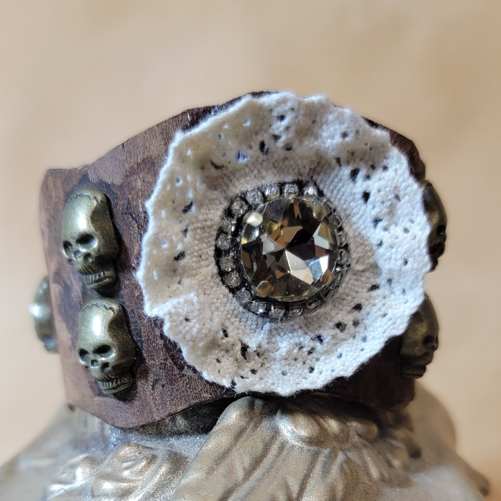 Leather & Lace Cuff Bracelet With Skulls & Crystal Rhinestones Handmade
